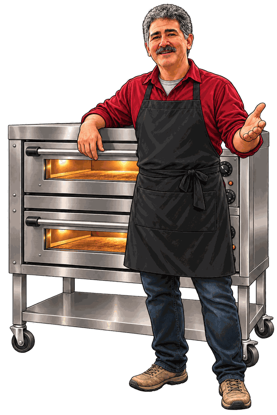 John Mangiapane at the Mangia pizza oven
