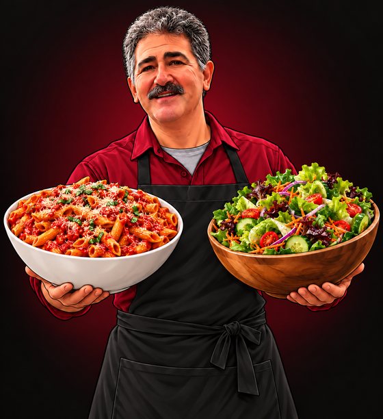 John Mangiapane holding pasta and a house salad